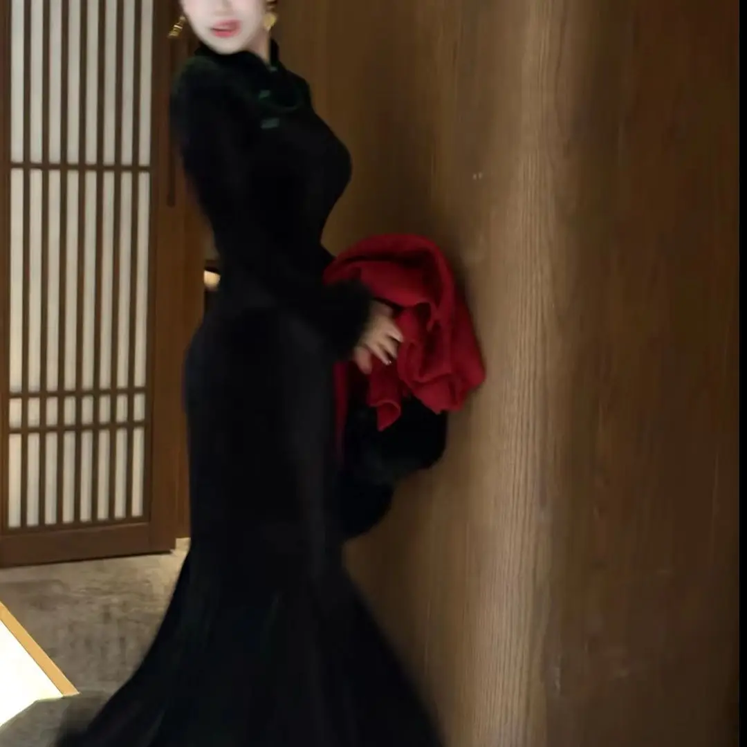 

Сексуальное винтажное платье русалки в китайском стиле, женское плотное пушистое платье Chesongam, осенне-зимнее теплое элегантное платье Ципао