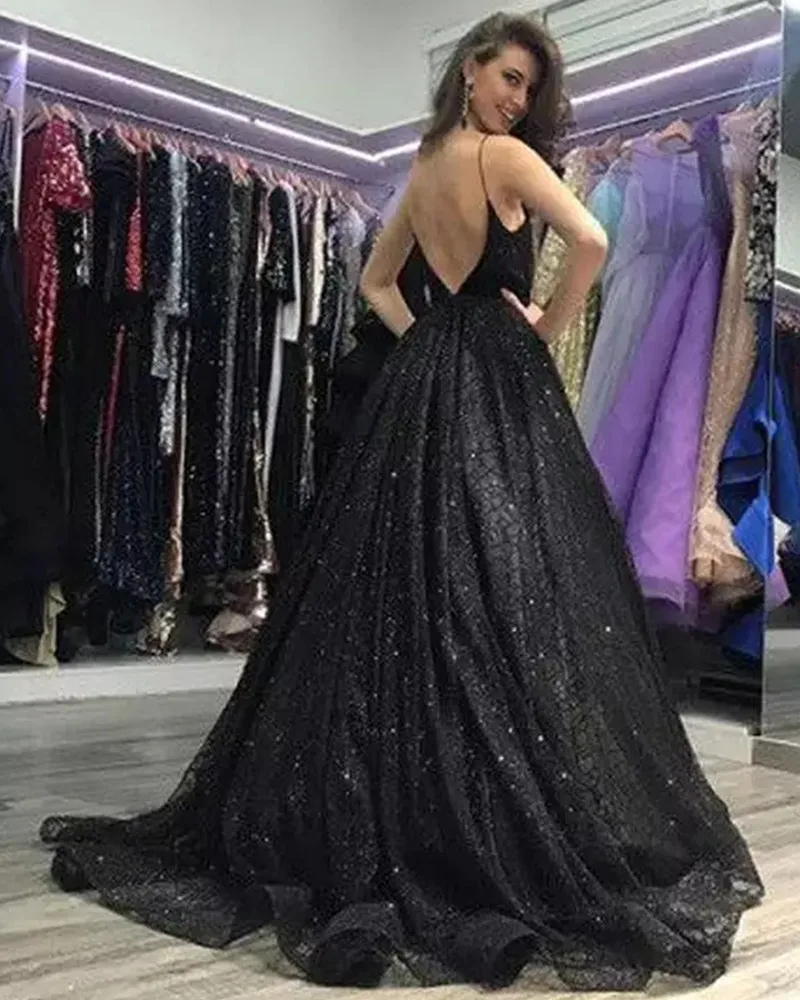 Vestido de noche negro brillante para mujer, con tirantes finos traje Sexy, escote en V, Espalda descubierta, sin mangas