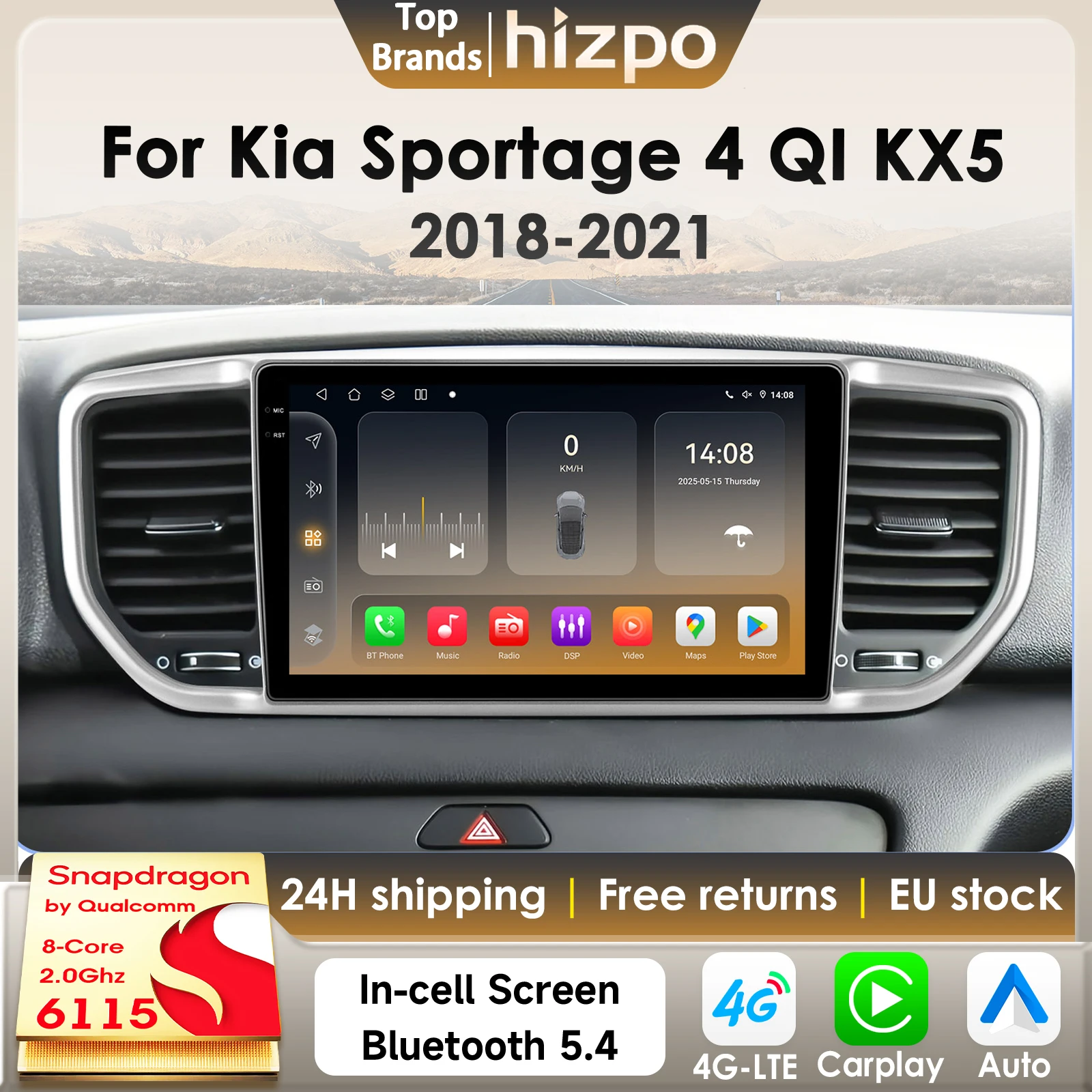 Hizpo 2Din Android 14 Autoradio für Kia Sportage 4 Ql KX5 2018–2021 Auto Multimedia GPS 4G Carplay von Qualcomm Snapdragon 6115