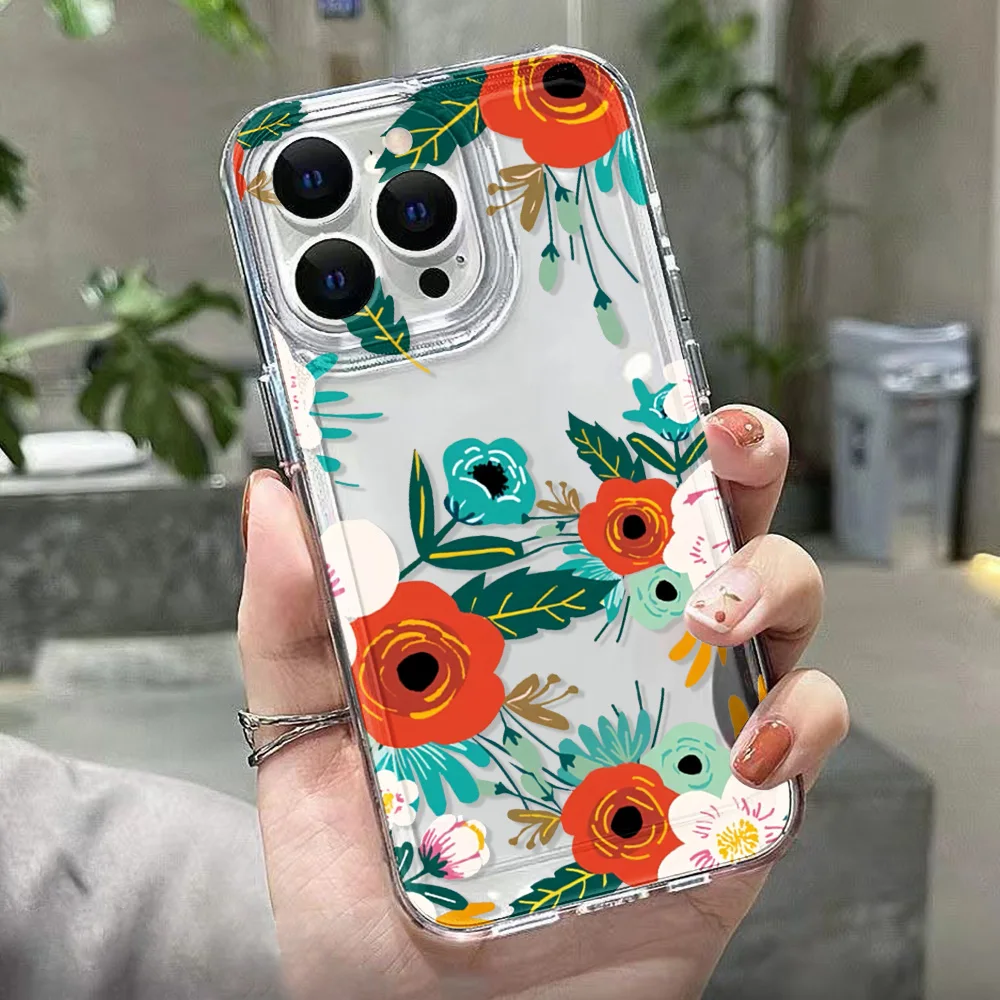 아이폰 15 17 Pro Max 16 13 11 14 Plus 12 17 Air 16E 17Promax 실리콘 충격 방지 투명 꽃무늬 폰 케이스