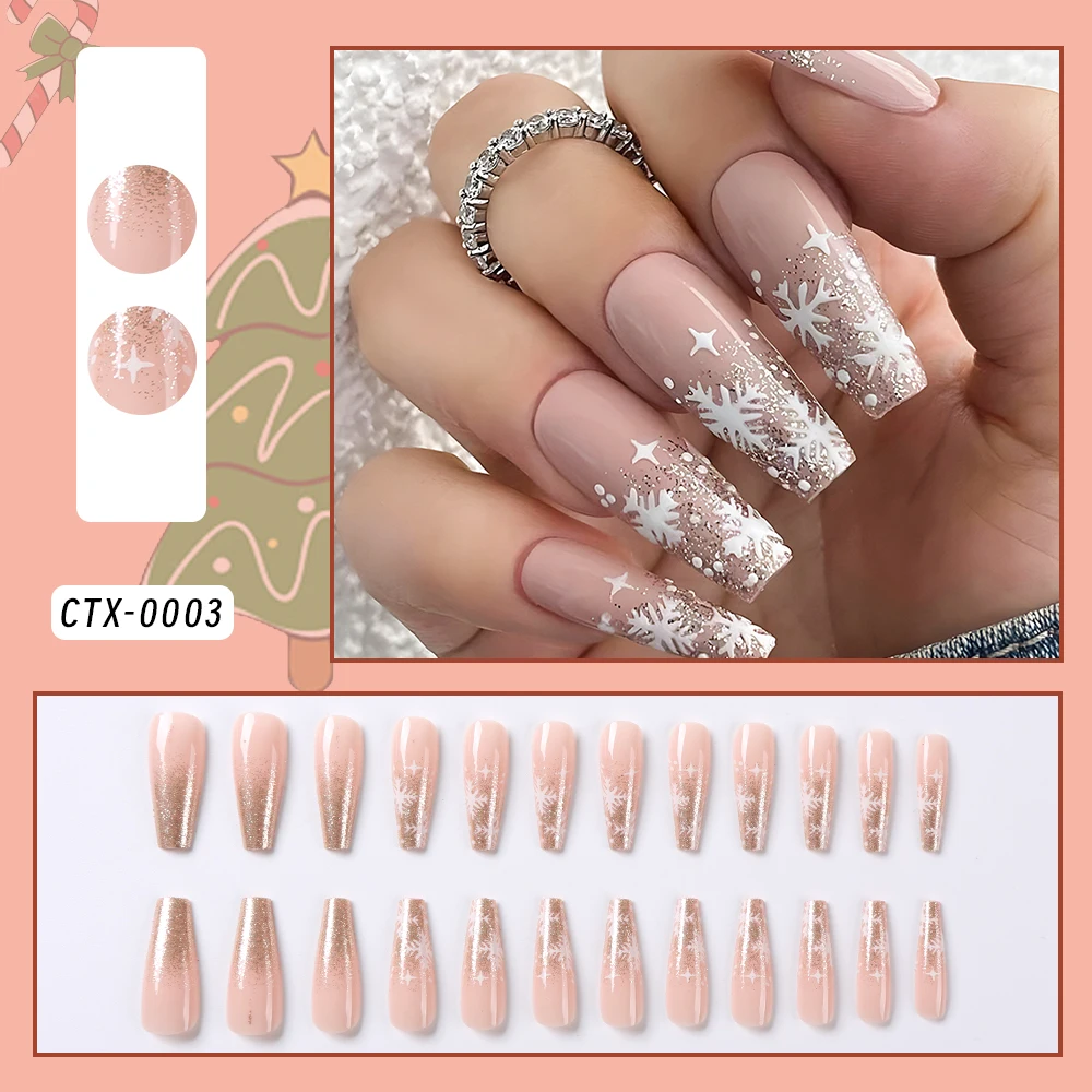 24pcs Gold Glitter Snowflakes Christmas Fake Nails Mid-Long Coffin Press On Nails Winter New Year Women Ballerina Fake Nails Tip