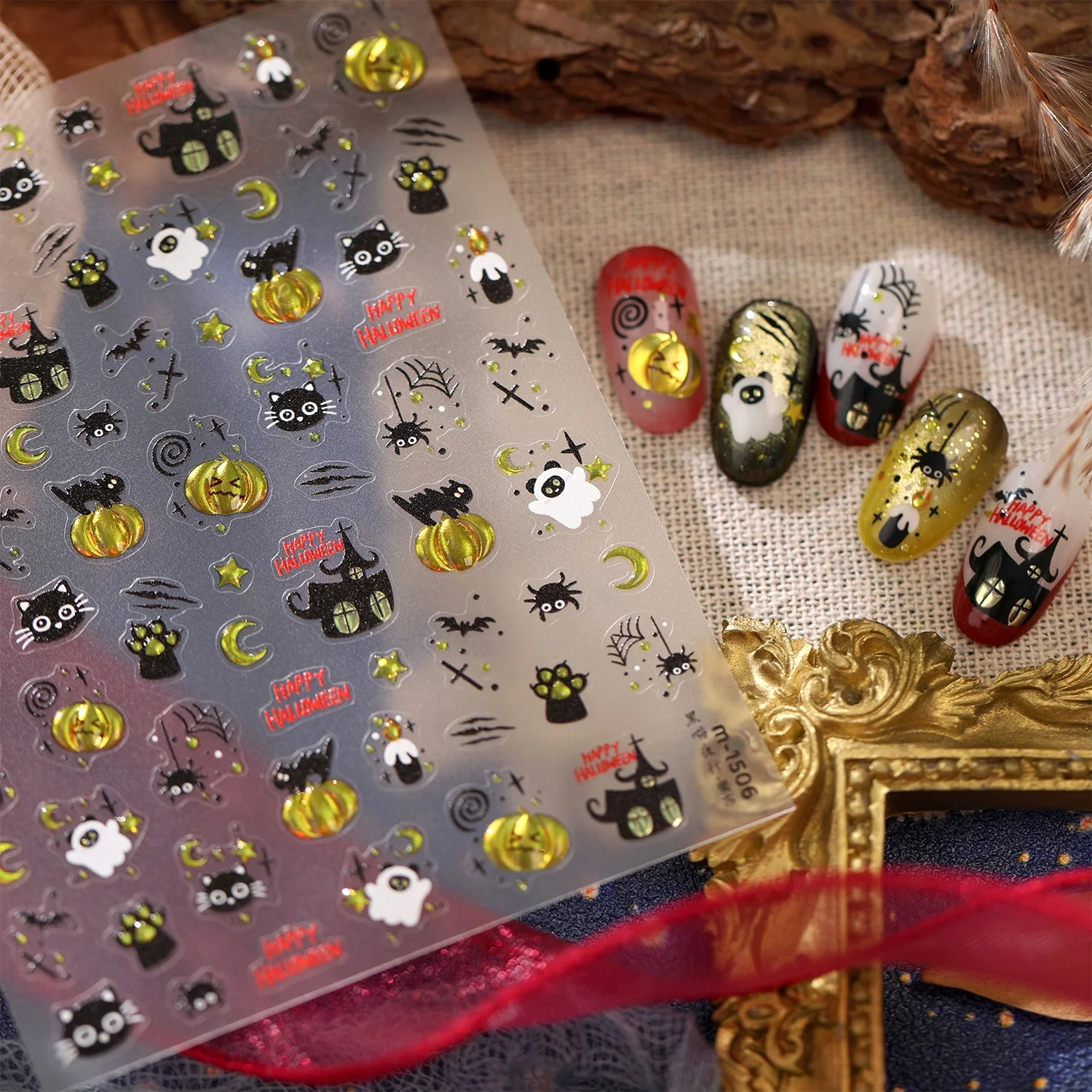 Schloss Gothic Halloween 5D Nagelkunst-Aufkleber Schwarz Gold Retro Herrenhaus Kürbis Schwarze Katze Spinnennetz Mond Selbstklebende Nageldekoration