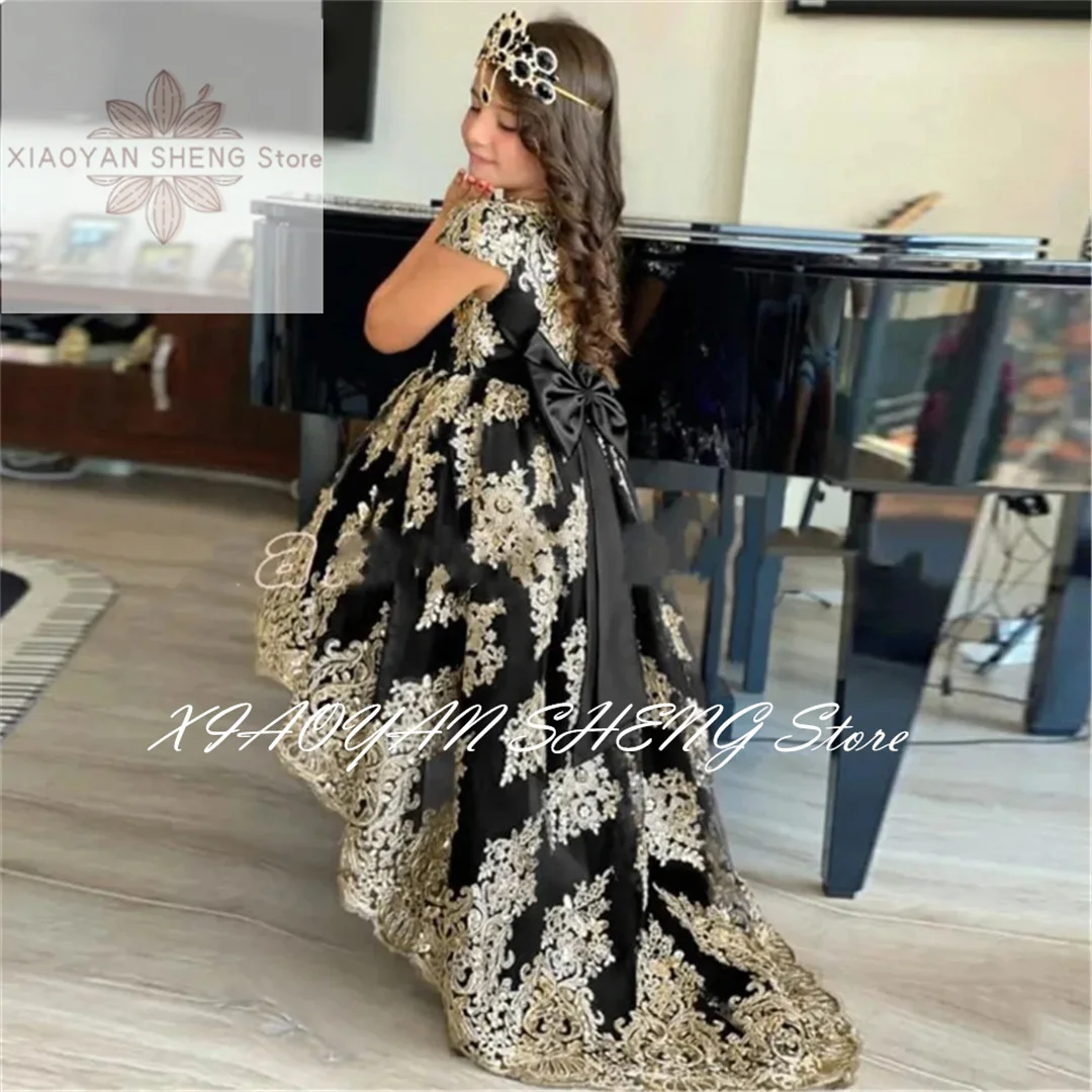 Black Gold Lace Flower Girl Dress For Wedding Short Sleeve Fluffy Tulle Princess Birthday Ball Gowns First Communion Dress