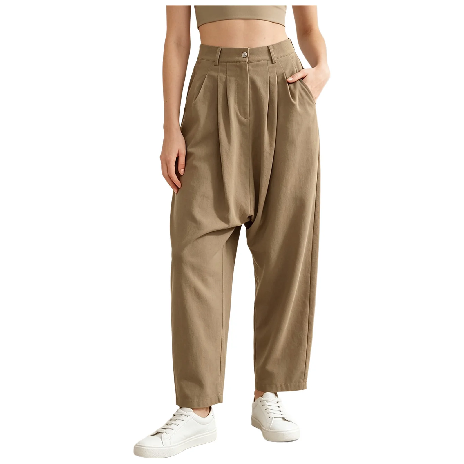 Women Casual Loose Palazzo Harem Pants Elastic Waist Linen Baggy Trousers with Pockets for Beach Holiday Office Work Daily Wear