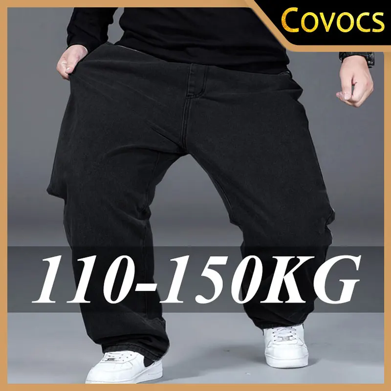 Black Elastic Waist Casual Men's Jeans Plus Size Blue Loose Wide Leg Pants 42 44 46 48 50 Fat Male Long Trousers Autumn Wear