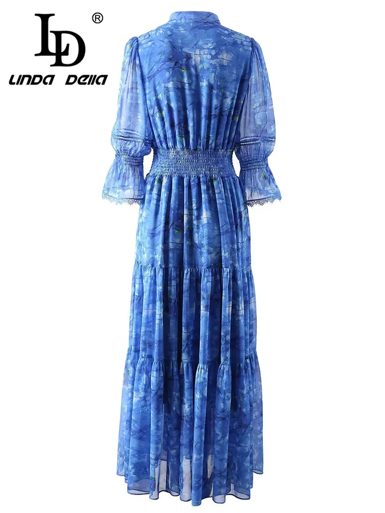 Imagem -02 - Linda Della-vestido Longo com Decote em v para Mulheres Renda Manga Lanterna Flor Azul Estampada Estilista Primavera ld