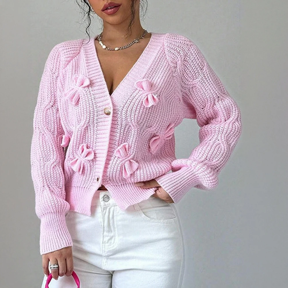 

Women's V-Neck Sweater with Three-Dimensional Decoration Chic Cute Single-Breasted Long Sleeve for Autumn Winter