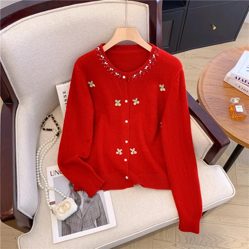 Sweet Cherry Pearls Knitted Cardigan Women's Beading Sweater Coat Autumn Winter Vintage Long Sleeve Diamonds Sweaters Mujer Tops