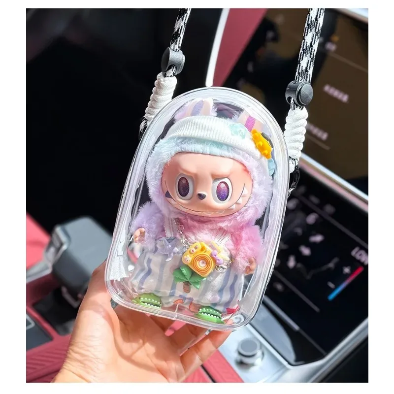 

17cm Bag For Labubu Transparent Protector Case Slippery doll Bag Colorful Organizer Box Outdoor Display Bag With Keychain Ropa