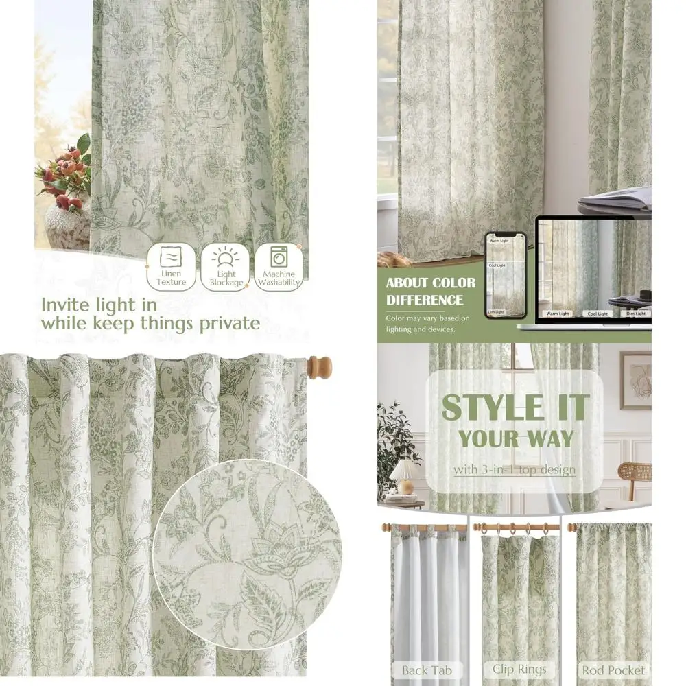 

Льняные шторы на подкладке для спальни, цветочные шторы, длина 84 дюйма, шторы с зеленым цветочным принтом для гостиной, карман для стержня, фермерский дом