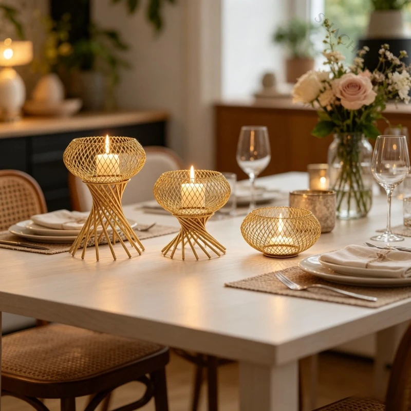Golden Wire Mesh Lantern Candle Holder Set Hollow Diamond Grid Metal Candle Decor for Dining Table