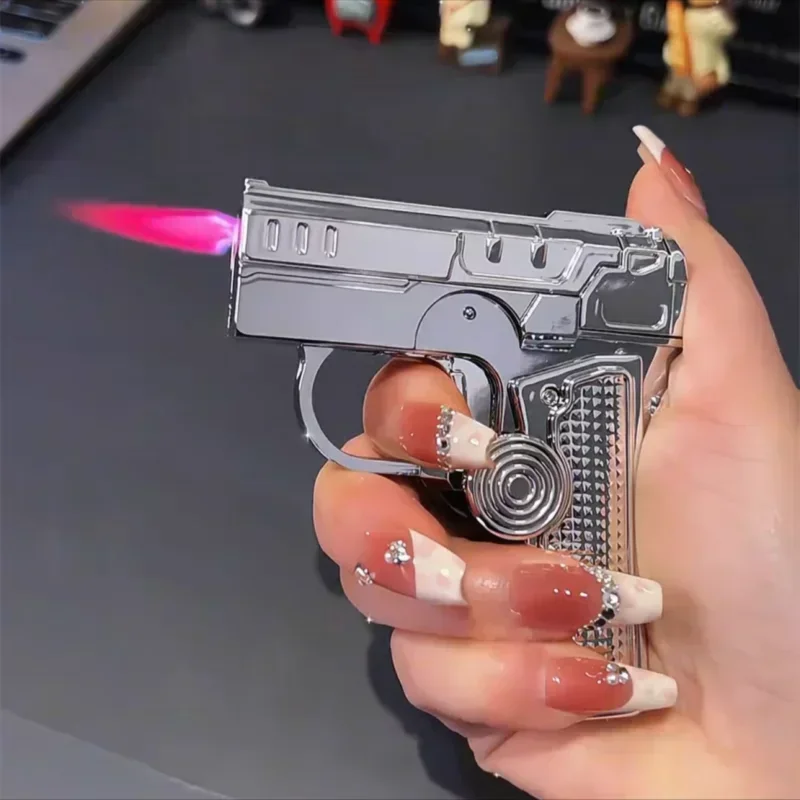 Metal Folding Gun Style Inflatable Lighter Windproof Butane Gas Jet Red Flame Gyroscope Lighter with Laser for Men's Small Tool