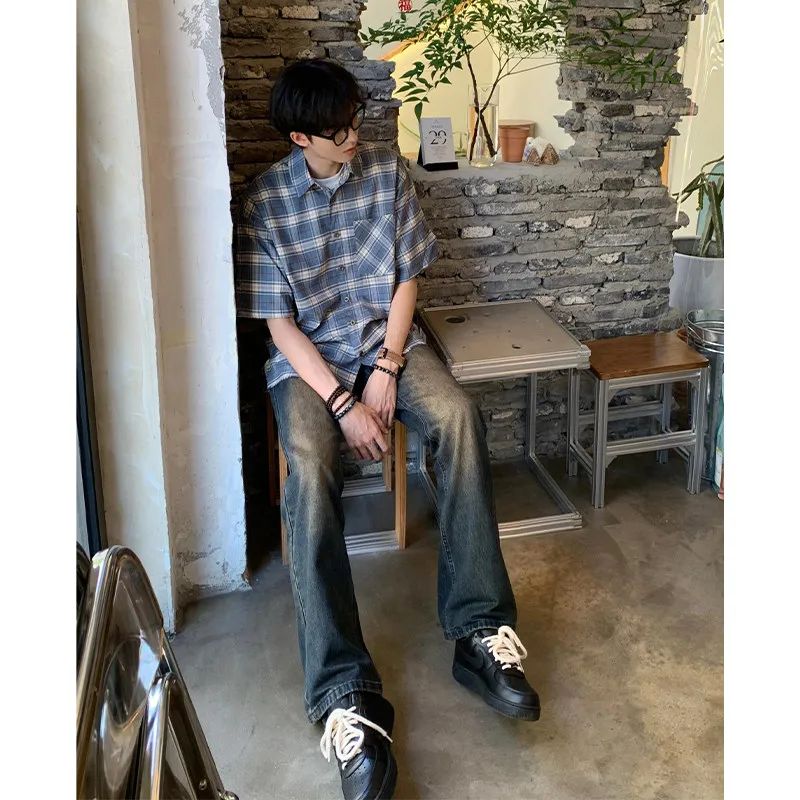 

Blue Lightweight Plaid irt Men's Loose Casual Summer Trendy ort Sve Breathable Comfortable Youthful Sle Polyester Fiber