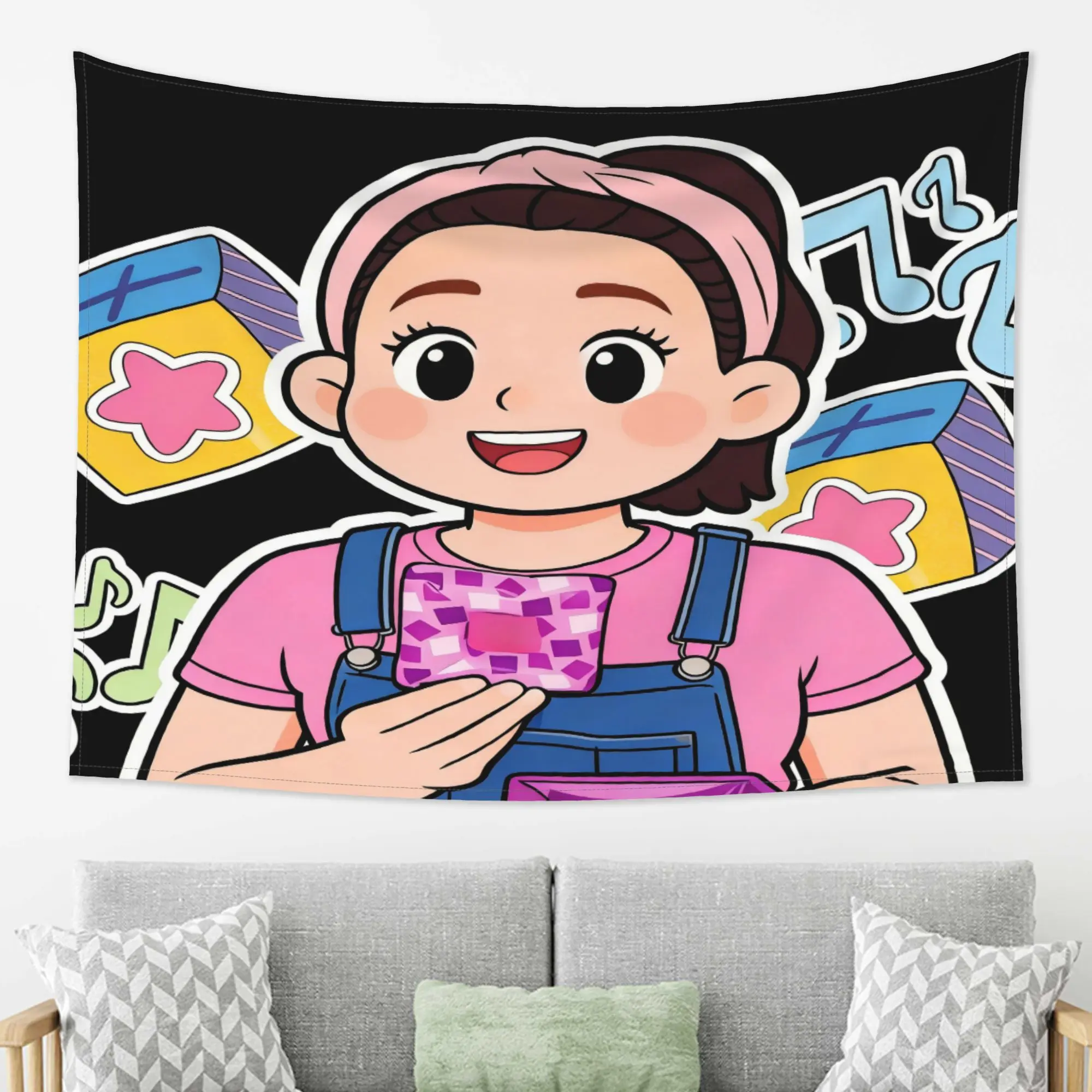 Cute Cartoon Girl Tapestry, Pink Overalls Sticker Art Wall Hanging for Kids Room Bedroom Dorm Decor Gift