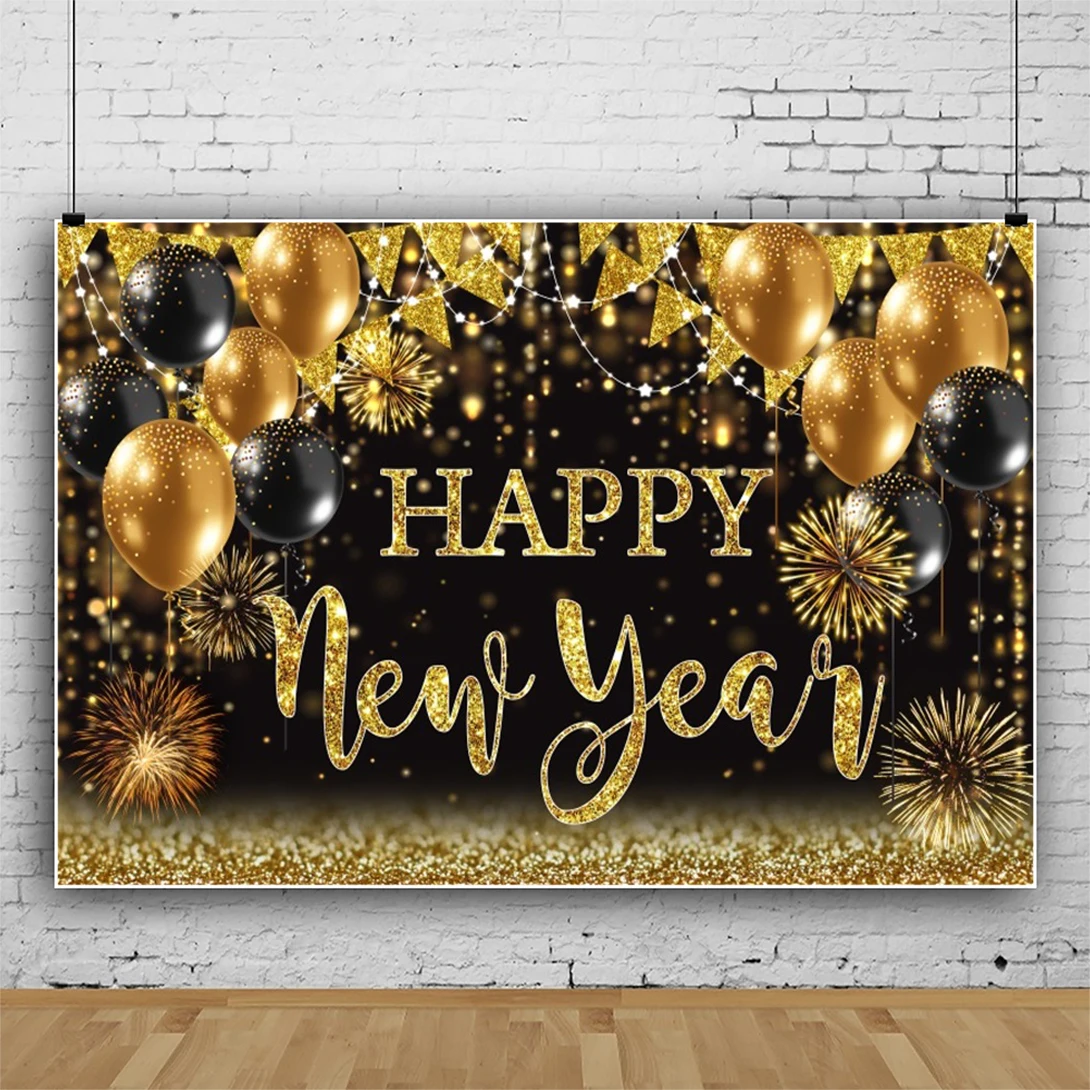 

Golden Glitter Happy New Year 2024 Celebration Photography Background Family Party Backdrops Table Banner Decor Vinyl