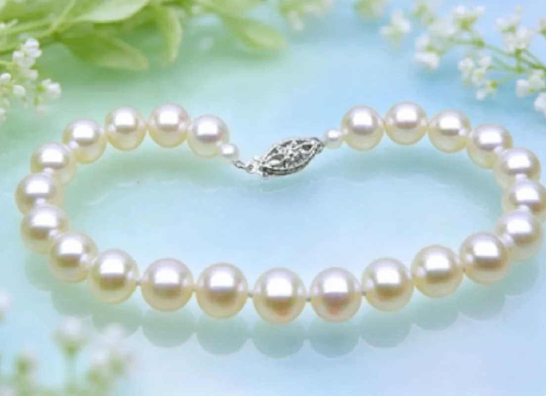 AAA 7.5-8 cali wspaniały AAA + 8-9mm naturalny Akoya biały bransoletka perłowa 14K białego złota — zdjęcie 4