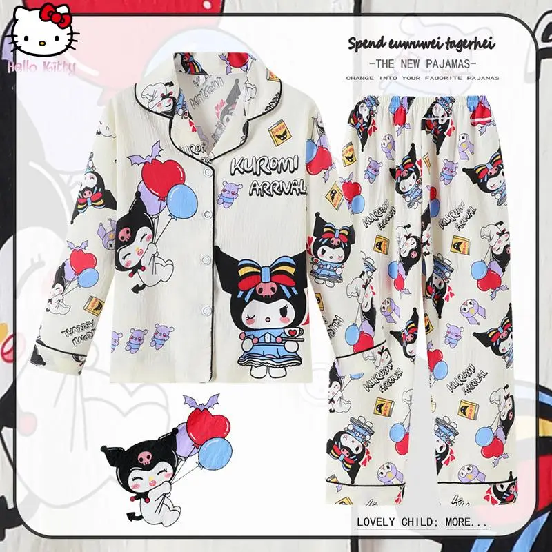 

Kawaii Sanrio Hello Kitty комплект домашней одежды с героями мультфильмов для девочек Kuromi, осенние новые модные мягкие пижамы с длинными рукавами в стиле аниме для родителей и детей