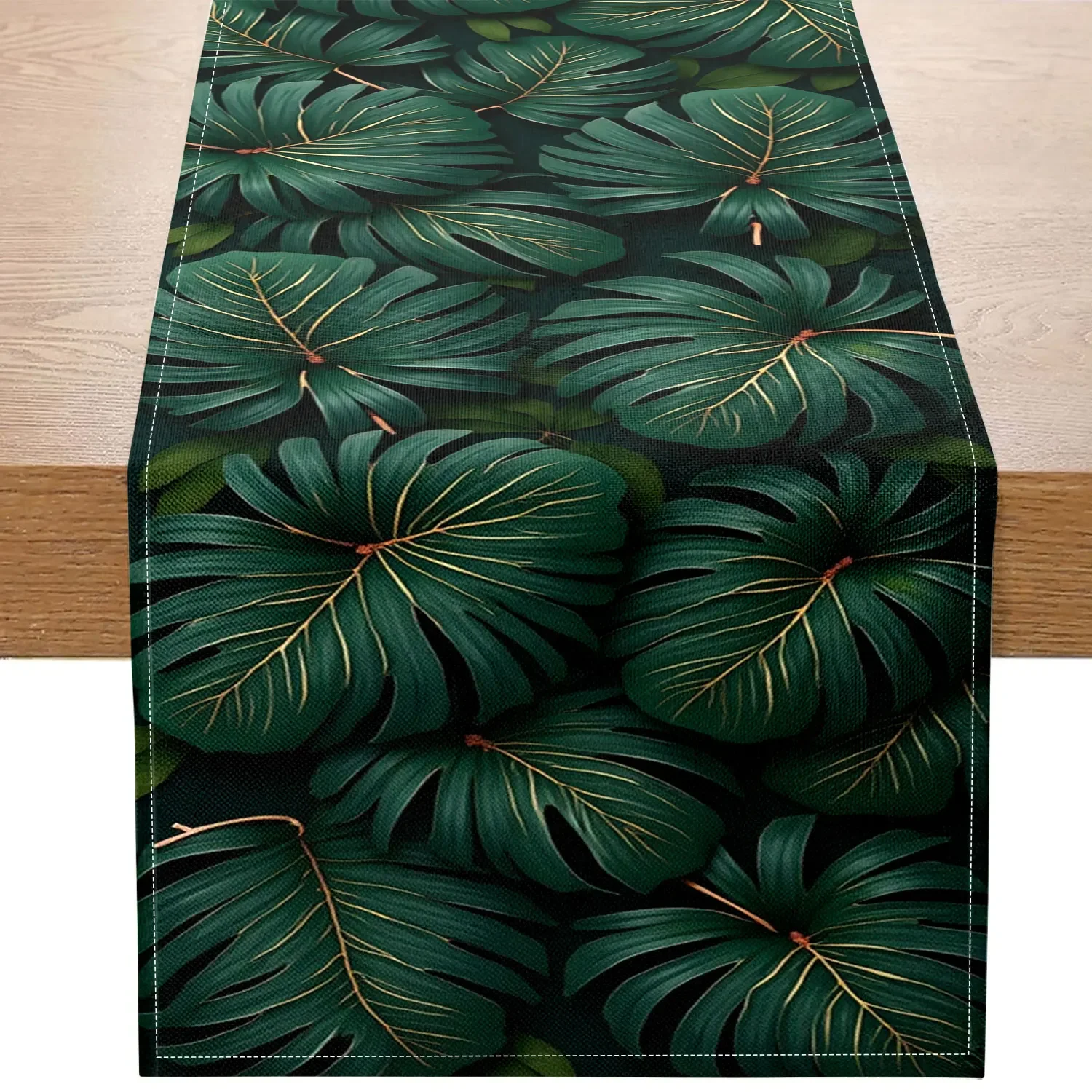 Tropical Style Theme Table Runner, with Dark Green Background, Monstera Leaf Pattern, Suitable for Tropical Theme Parties