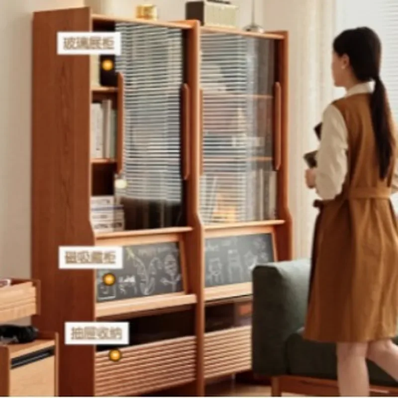 Nordic Solid Wood Bookcase with Glass Door Japanese Style Storage Cabinet Display Shelf Cherry Wood Study Bookshelf Locker - view 2
