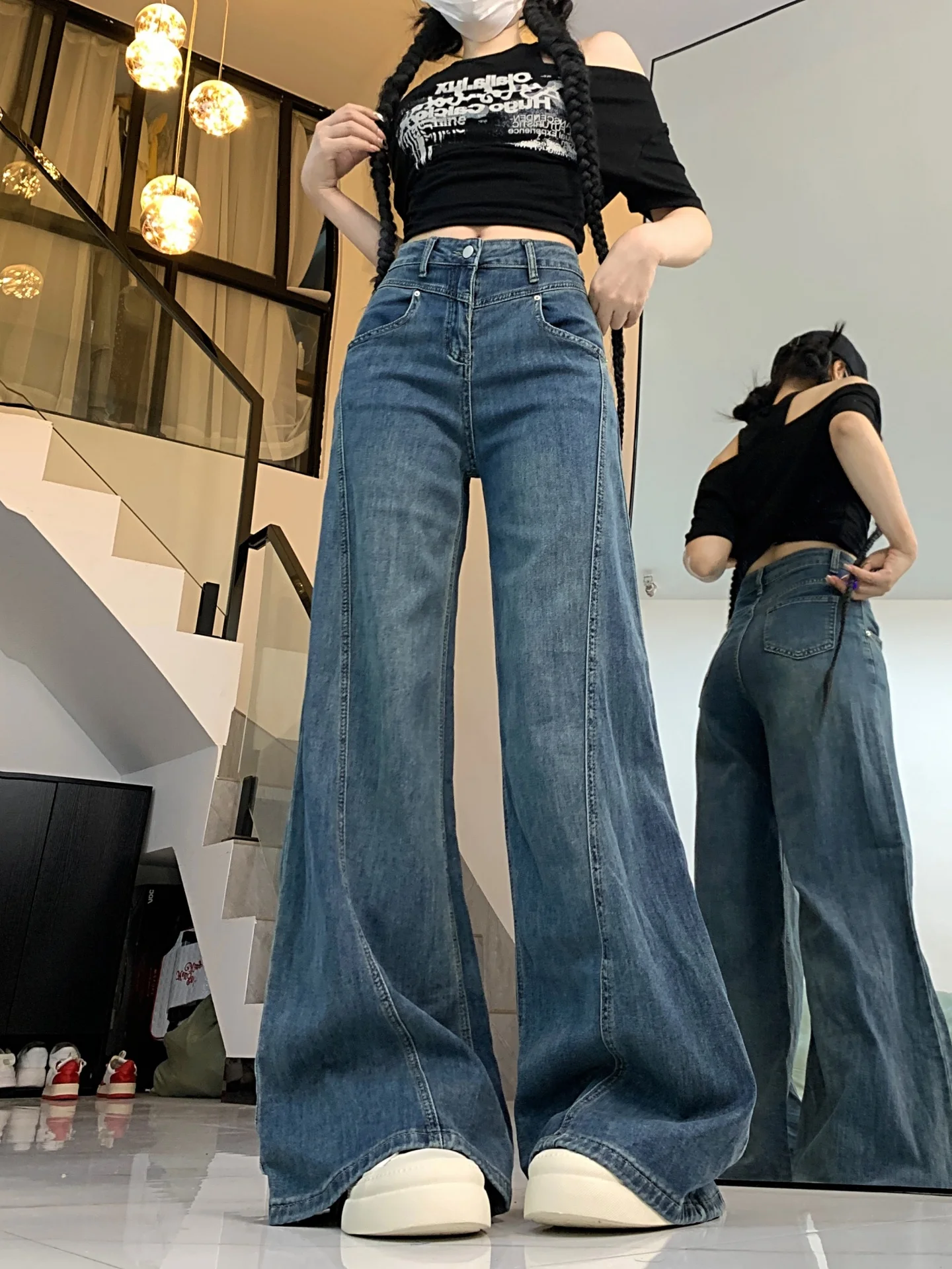 

Джинсы из денима больших размеров в американском стиле, женские, свободные, с высокой талией, прямые, широкие штанины, для фигуры типа «груша», осенняя одежда