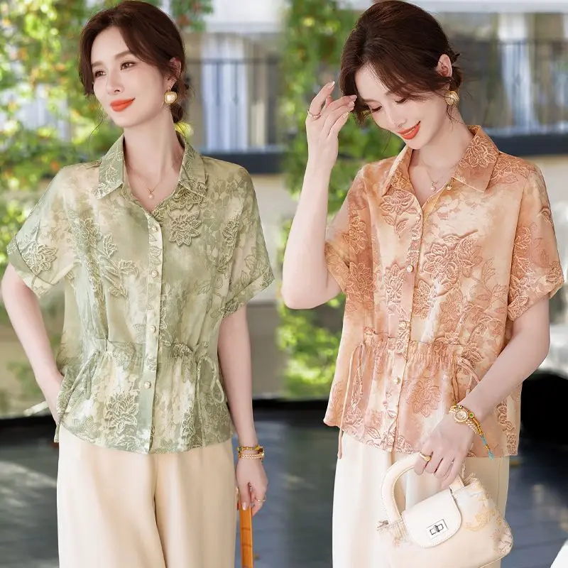 

Women's Shirts Short Sleeve Loose and Casual Waist Cinching Fashionable Summer Clothing for Moms Middle Aged and Elderly