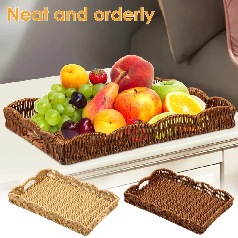 Plateau de service rectangulaire en rotin tressé à la main pour fruits, légumes, pain, plateau décoratif, plateau de rangement pour la maison, paniers Wick
