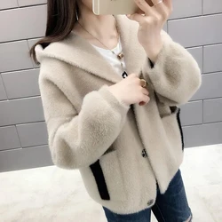 Spring and Autumn Women New Faux Mink Cardigan Patchwork Fur Female Hooded Fashion Knitt Sweater Jacket Single-breasted Outwear