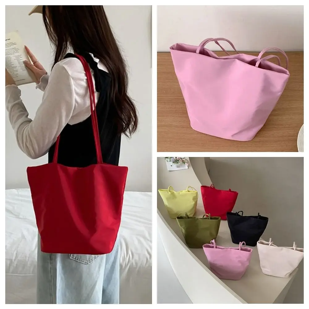 

Portable Korean Style Nylon Bucket Bag Lightweight Solid Color Nylon Shoulder Bag Large Capacity Women Handbag Daily