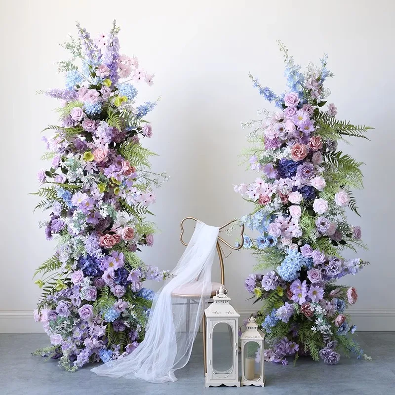 Purple Rose Peony Delphinium Horn Shape Arch Flower Row Wedding Backdrop Decor floral Arrangements Party Table Centerpieces Ball