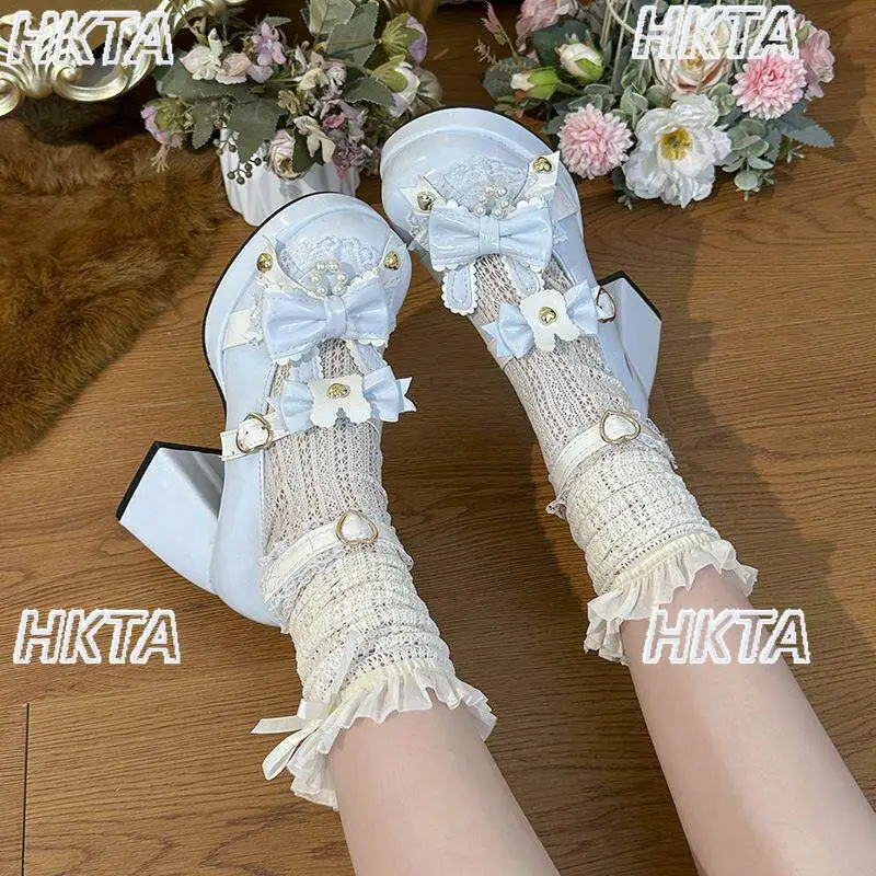 

Japanese Mass Production Cute Cartoon Lolita Shoes Sweet Bow Pearl Lace Mary Jane Square Heel High Heel Pumps Black Shoes Women