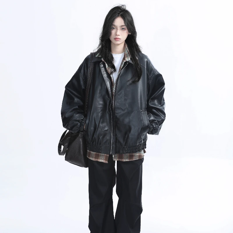 

Retro Ladies Fashion Zipper Faux Leather Jacket Spring Autumn Women Long Sleeves Leather Coat 2025 Female PU Leather Outwear