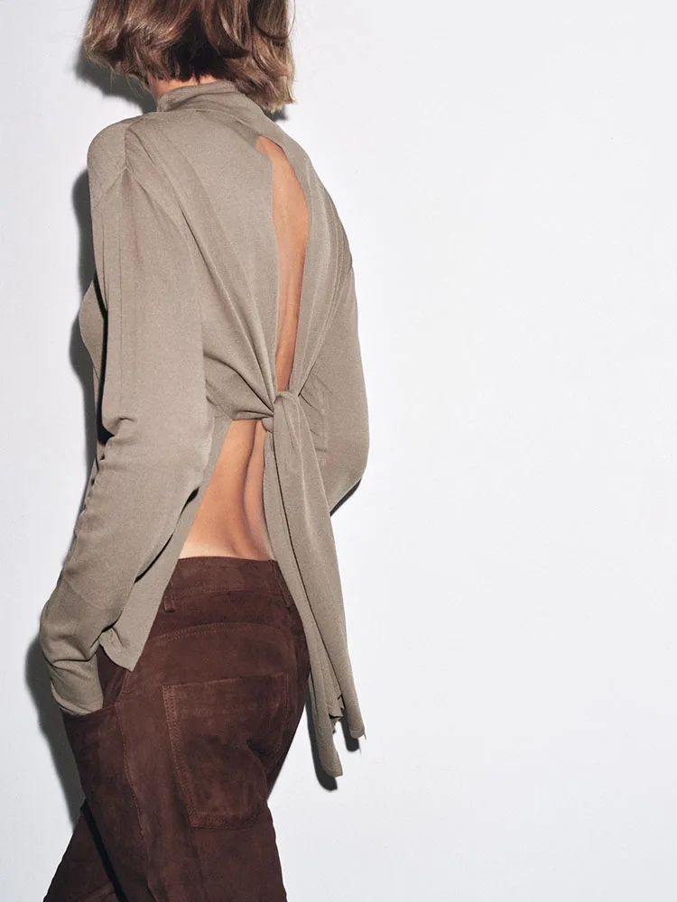 Faionable Strickoberteil mit Ba Bow Design f Hoher Kragen Long Sve Damen Herbst Neuankömmling Slim Fit Casual Sle