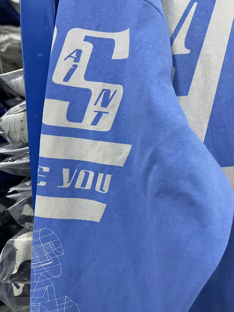 سباق نمط الأزرق سانت كم طويل تي شيرت الرجال امرأة خمر غسلها تفعل القديمة شارع العليا إلكتروني طباعة جولة الرقبة أعلى