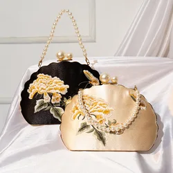 Chinese Style Women Pearl Beaded Top Handle Bags Elegant Lady Cheongsam Dress Wristlet Handbag Purse Flower Embroidery Clutches