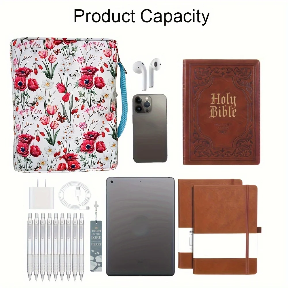 Funda para la Biblia, funda floral para la Biblia, bolsa para mujer, elegante y funcional, portátil, estuche de transporte para la Biblia, bolsillos, estudio con cremallera