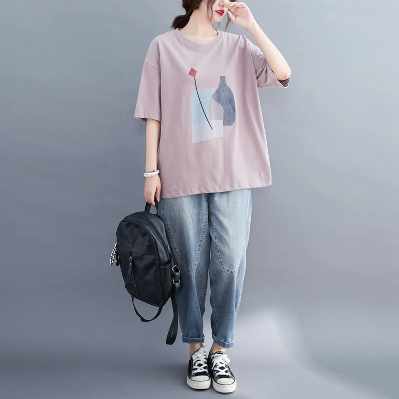 تي شيرت نسائي صيفي فضفاض بمقاسات كبيرة، بأكمام قصيرة مطبوعة، يغطي البطن، متعدد الاستخدامات، للنساء ذوات الوزن الزائد، تصميم ن... #3