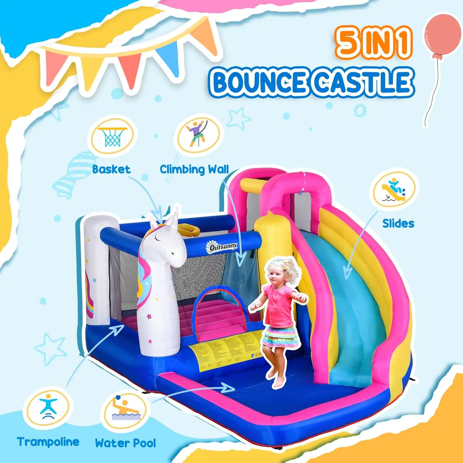 Nadmuchiwana zjeżdżalnia wodna Bounce House z trampoliną, ścianką wspinaczkową, armatką wodną, obręcz do koszykówki, brodzikiem, 450W dmuchawa, Uni