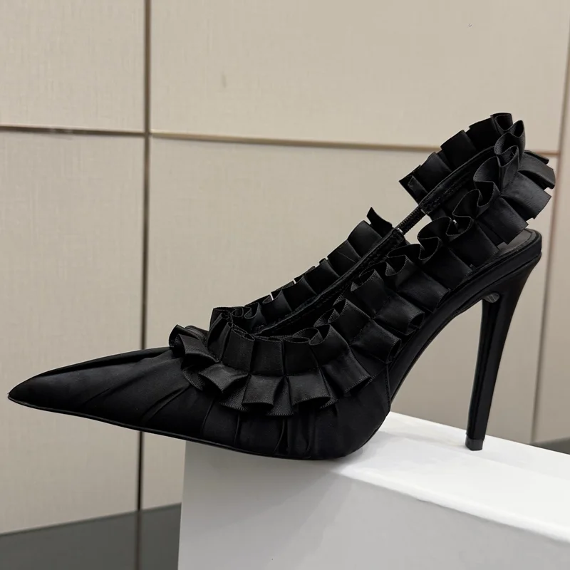 

Satin Ruffle Pleated High Heels Sexy Pointed Toe Thin Heel Shingback Accept Customized New Arrivals Fashion Women Modern Shoes