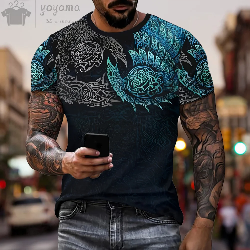 

Vintage Pattern Print Men's Clothing Totem Print T-Shirts for Men Harajuku Street Fashion Short Sleeve Tee Oversized T-Shirt Top