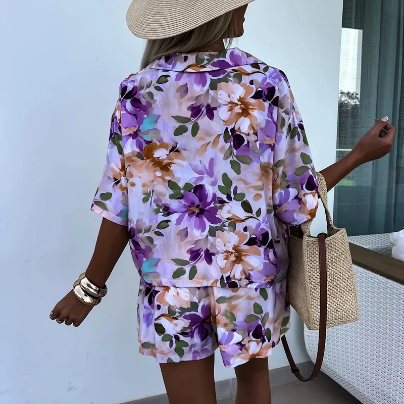 Fashion Bohemian Holiday Women Two Piece Set Pattern Printed Loose Summer Outfits Ladies Lapel Button Shirt + Shorts Beach Suit