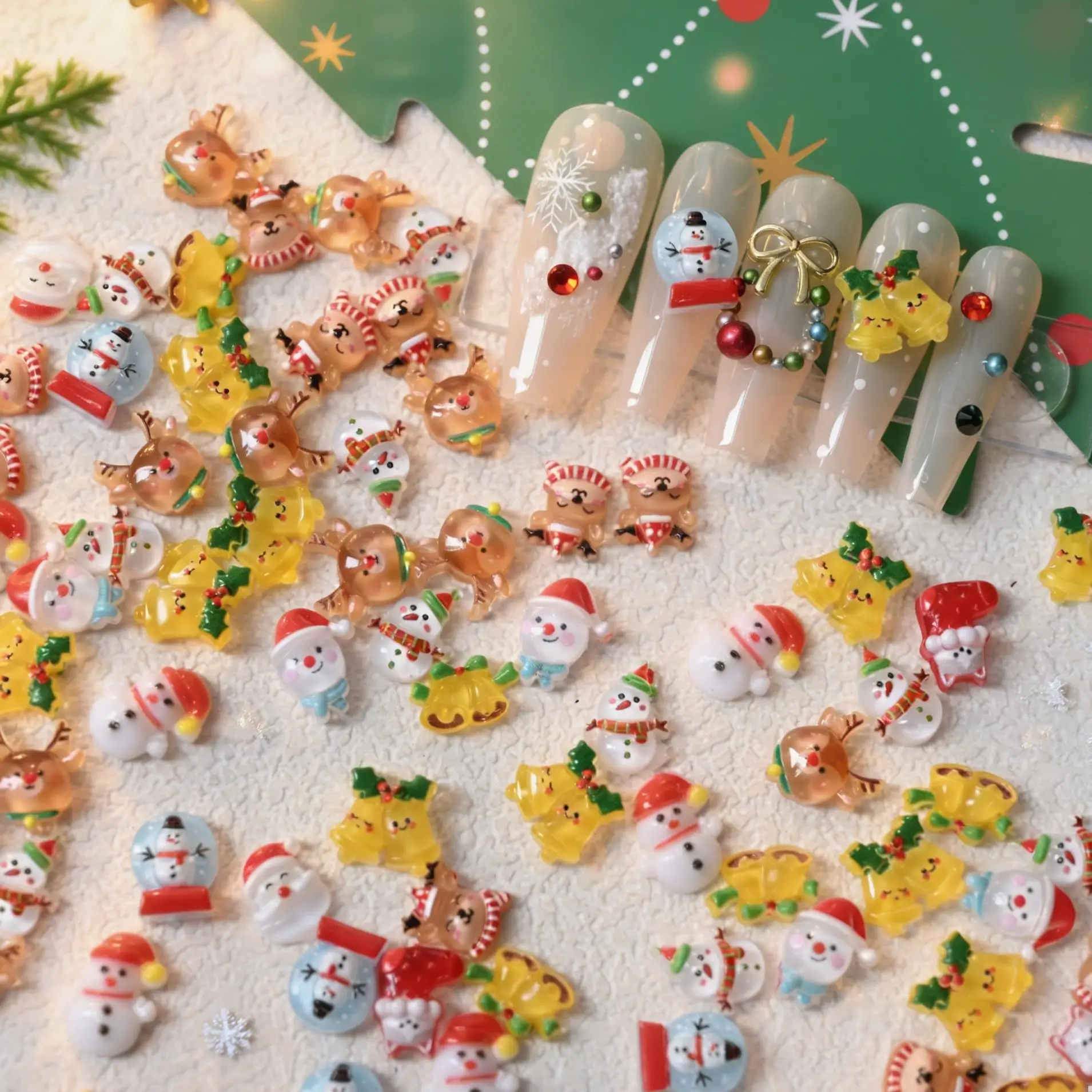 50Pcs 3D Christmas Nail Charms Resin Santa Claus Snowman Reindeer Bell Sock Nails Decorations DIY Xmas Party Manicure Accessory