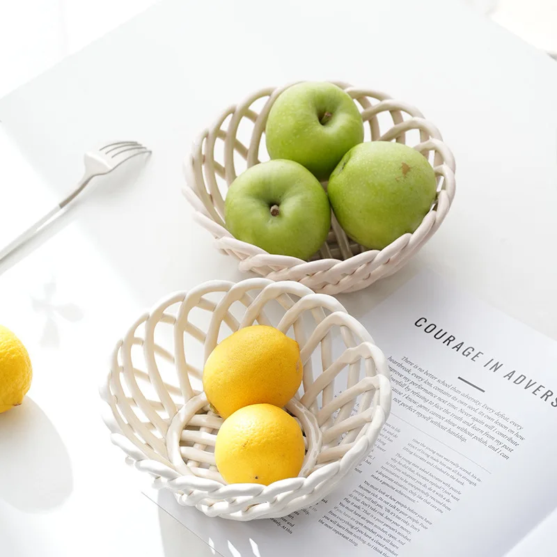 سلة فواكه منسوجة يدويًا من السيراميك، ديكور منزلي من السيراميك المجوف، طاولة طعام لغرفة المعيشة، وجبات خفيفة من الفاكهة، سلة تخزين الخبز #1
