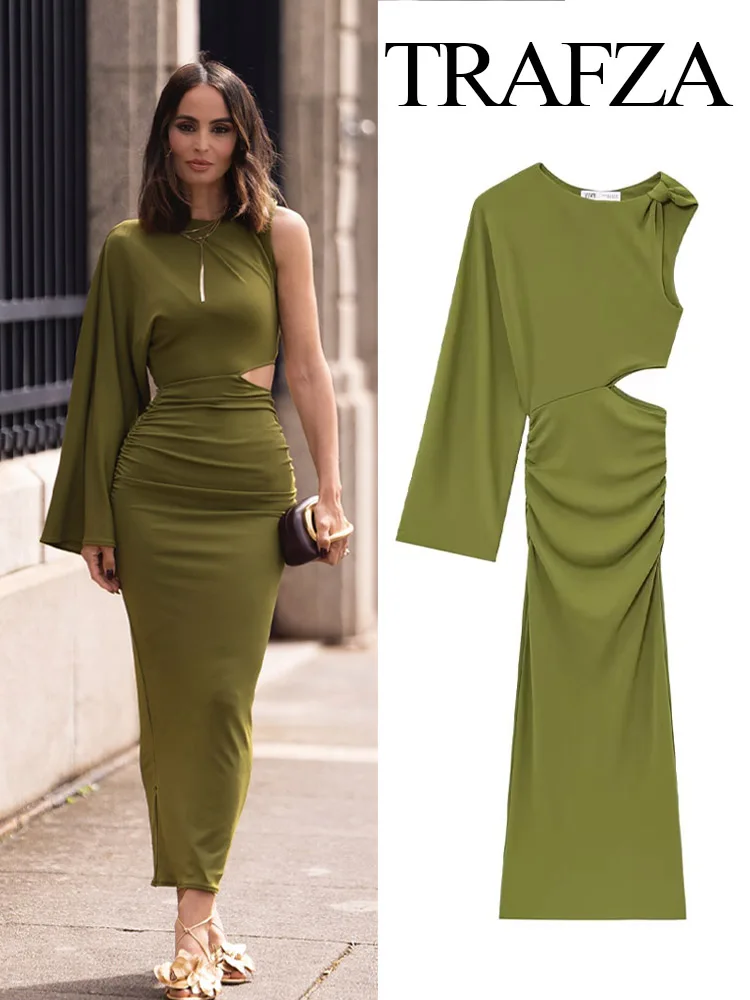 

TRAFZA Women's Fashion Dresses Green O-Neck Single-Shoulder Sleeve Hollow Out Waist Female Summer Holiday Style Long Dress