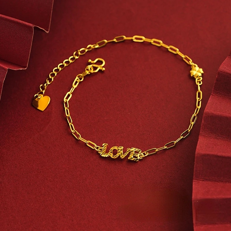 Pulsera con etiqueta de amor de Color dorado puro de 24K para mujer, joyería para mamá, pulsera de amor, cadena ajustable, pulsera de oro, regalos de cumpleaños y boda