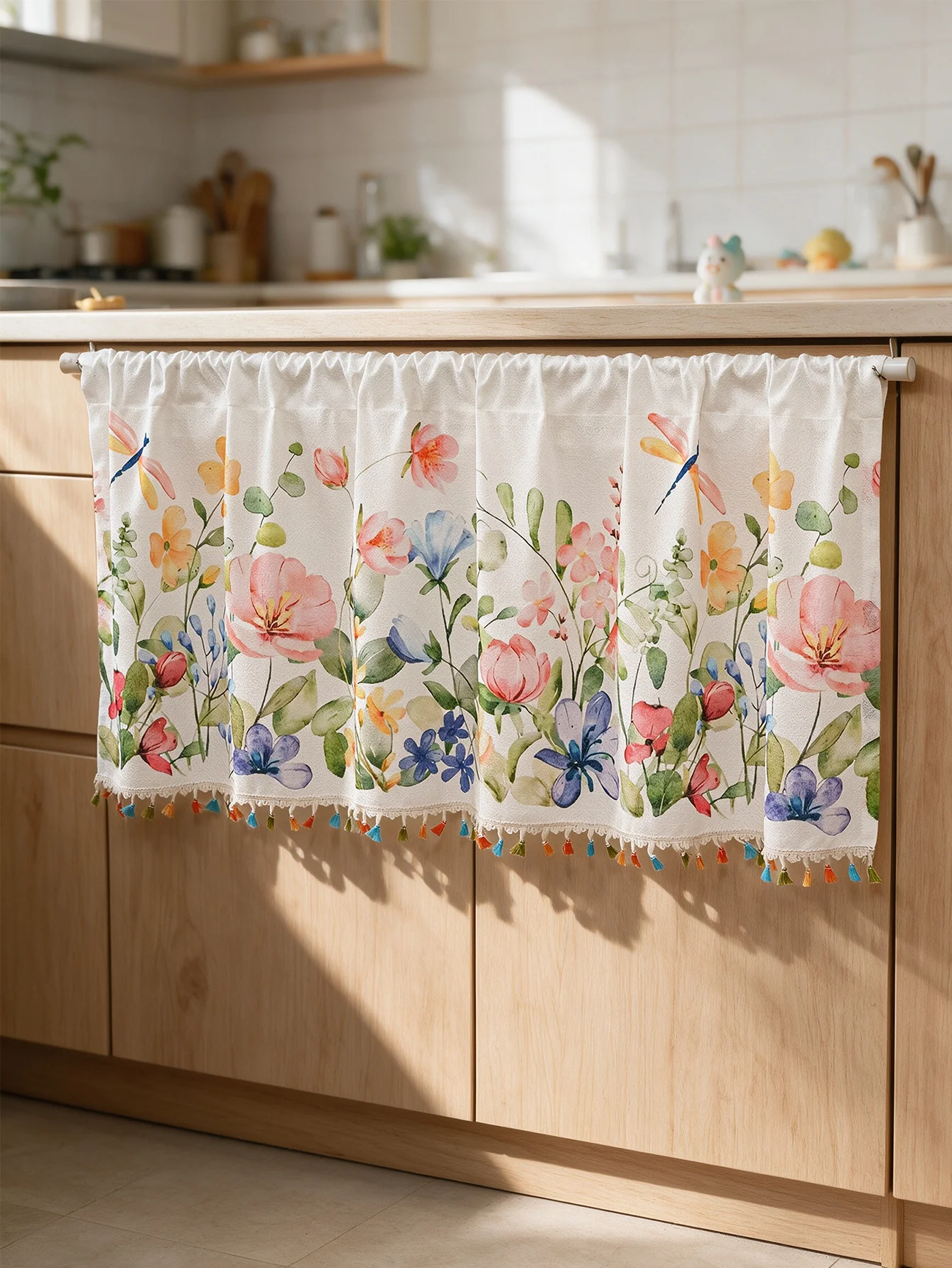 Boho Flower Dragonfly Printed Cafe Curtain, Light Filtering Tier Curtain with Colorful Tassel Trim
