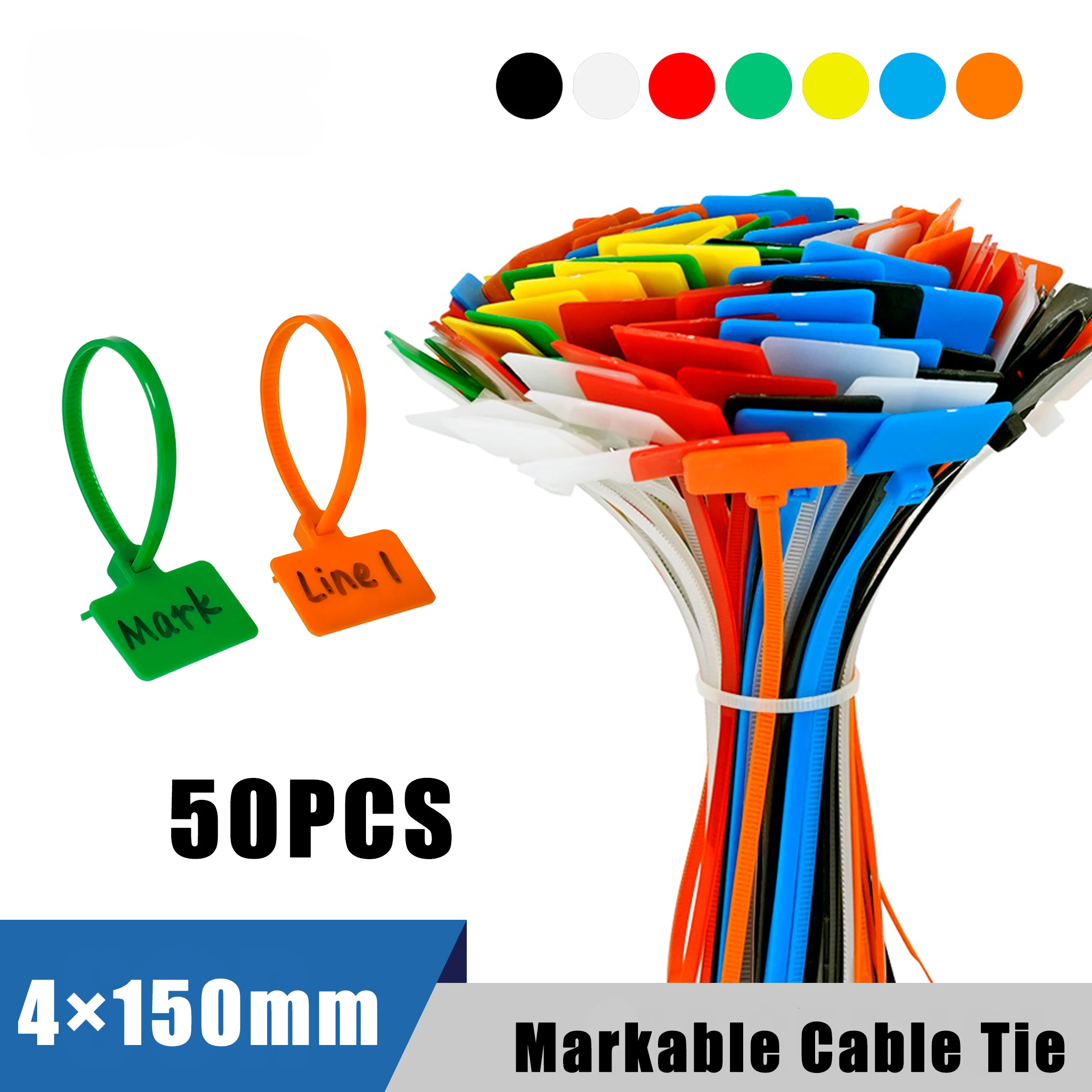 50pcs Easy Mark 4*150mm Nylon Cable Ties Tag Labels Plastic Loop Ties Markers Cable Tag Self-locking Zip Ties