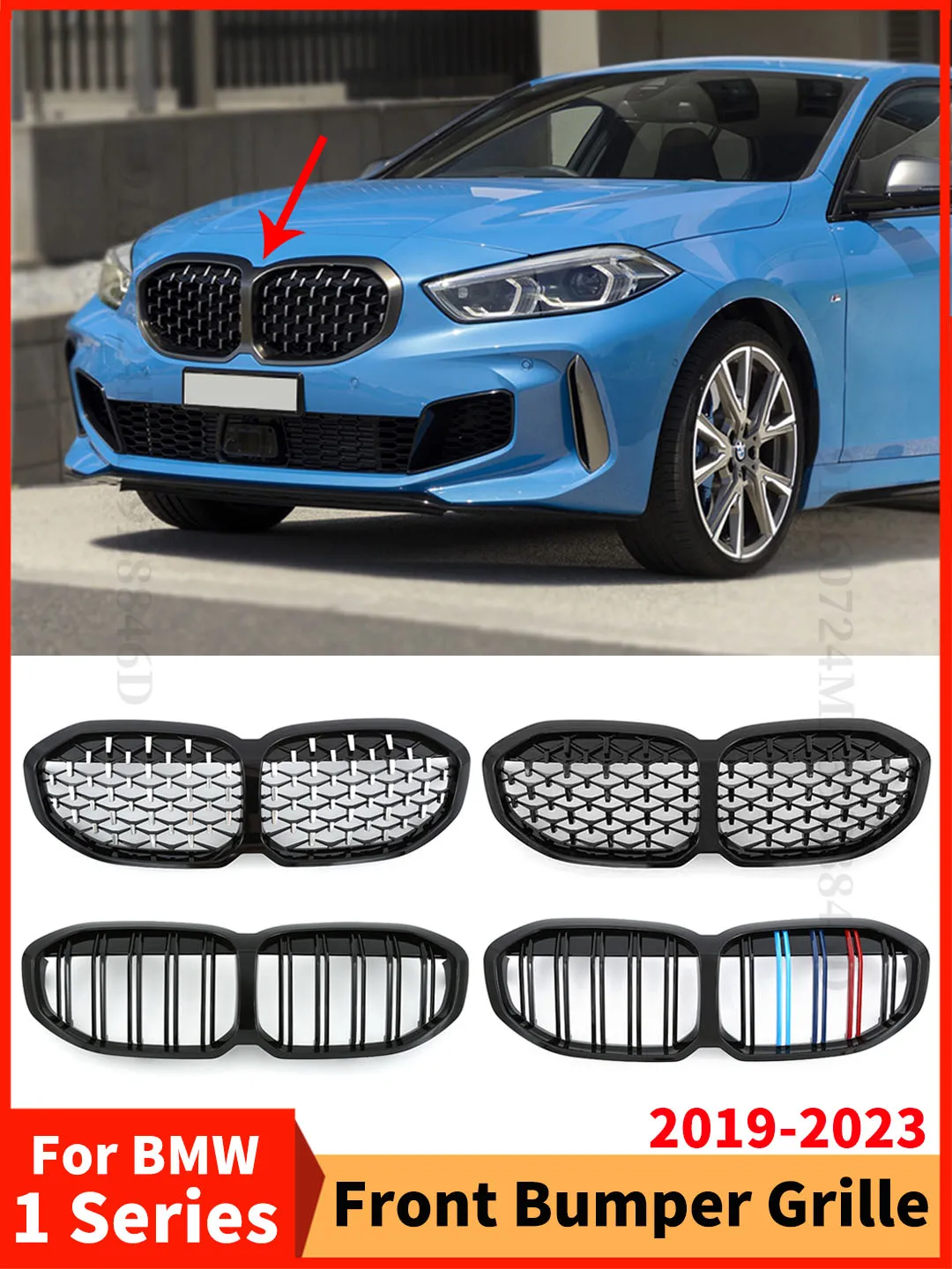 Front Bumper Inlet Double Slat Grille Diamond Grill For BMW 1 Series F40 2019-2023 128ti M135i xDrive 118i Tuning Accessories