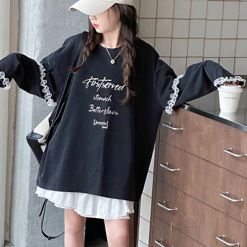 

Children Girls Autumn T-shirt Korean Letter Printed Round Neck Kids Girls Tops Lace Patchwork Long Sleeeves School Girls Tees