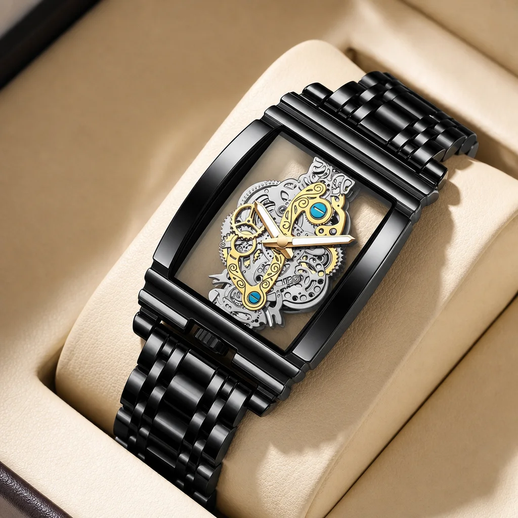 

1pcs Square Dial Skeleton Mechanical Watch Black Metal Strap Unique Design Trendy Wristwatch For Men Women Stylish Casua