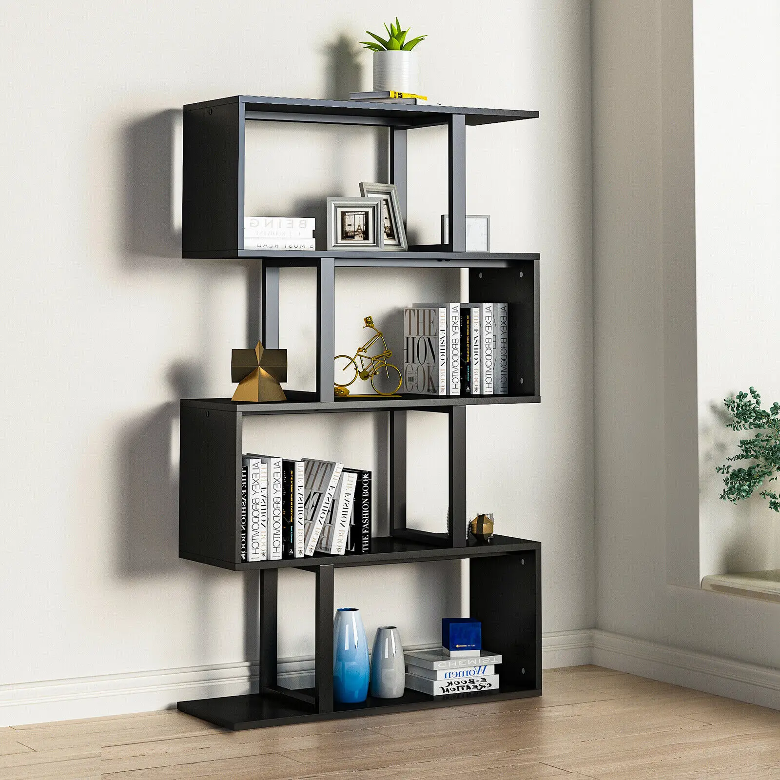 5-Tier Geometric Bookshelf S-Shaped Display Bookshelf Storage Room Divider Black